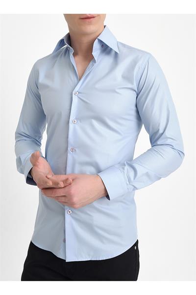 Slim Fit Dik Yaka Pamuk Saten Uzun Kol Klasik Açık Mavi Gömlek  G 565