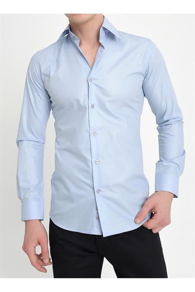 Slim Fit Dik Yaka Pamuk Saten Uzun Kol Klasik Açık Mavi Gömlek  G 565