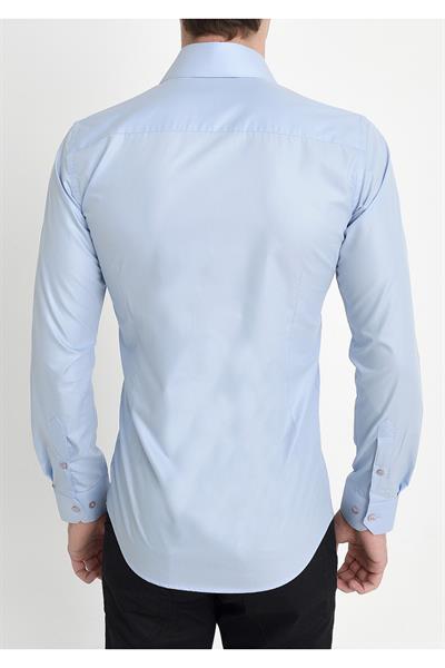 Slim Fit Dik Yaka Pamuk Saten Uzun Kol Klasik Açık Mavi Gömlek  G 565