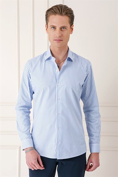 Slim Fit Dikine Çizgili %100 Pamuk Klasik Mavi Beyaz Gömlek GK 721