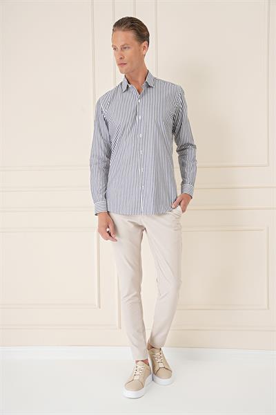 Slim Fit Dikine Çizgili %100 Pamuk Klasik Lacivert Beyaz Gömlek Gk 721