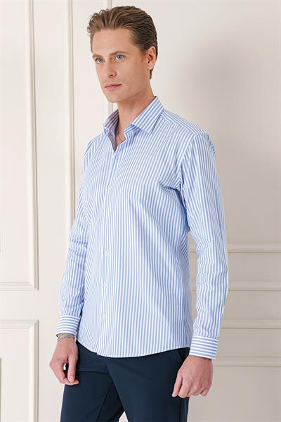 Slim Fit Dikine Çizgili %100 Pamuk Klasik Mavi Beyaz Gömlek GK 721