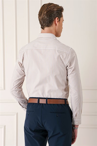 Slim Fit Dikine Çizgili %100 Pamuk Klasik Bej Beyaz Gömlek GK 721