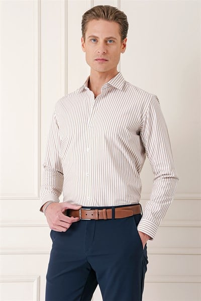 Slim Fit Dikine Çizgili %100 Pamuk Klasik Bej Beyaz Gömlek GK 721