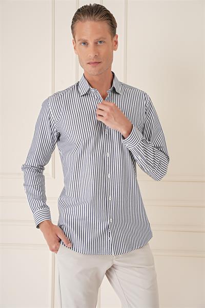 Slim Fit Dikine Çizgili %100 Pamuk Klasik Lacivert Beyaz Gömlek Gk 721