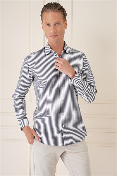 Slim Fit Dikine Çizgili %100 Pamuk Klasik Lacivert Beyaz Gömlek Gk 721