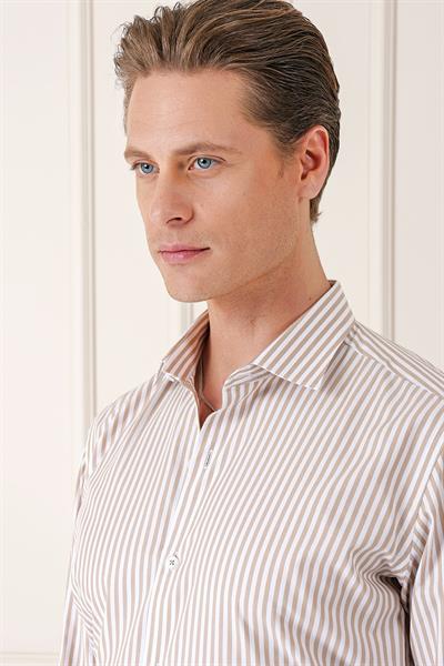 Slim Fit Dikine Çizgili %100 Pamuk Klasik Bej Beyaz Gömlek Gk 721