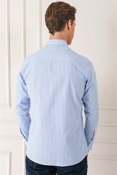 Slim Fit Dikine Çizgili %100 Pamuk Klasik Mavi Beyaz Gömlek GK 721