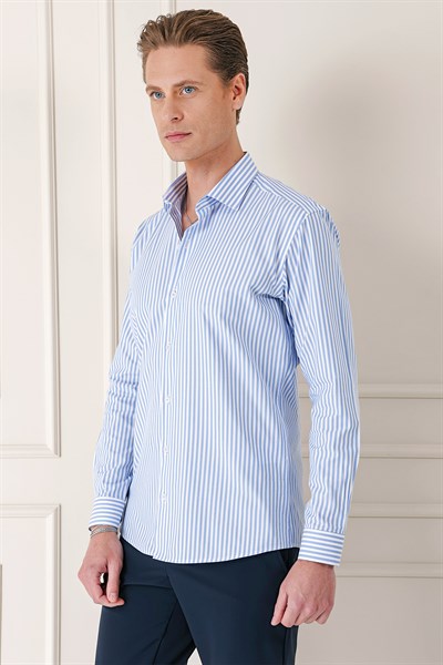 Slim Fit Dikine Çizgili %100 Pamuk Klasik Mavi Beyaz Gömlek GK 721