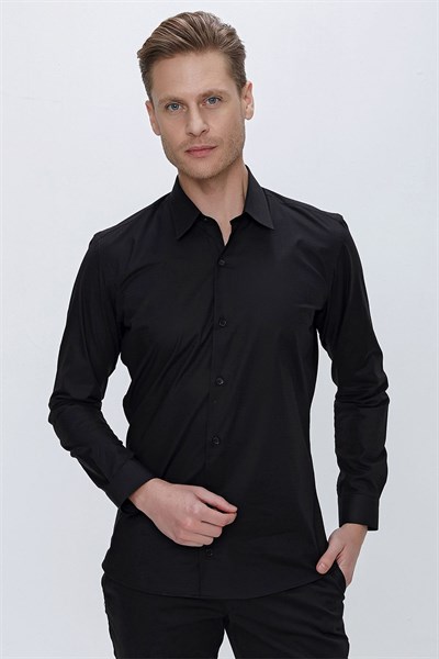 Slim Fit Doku Desenli %100 Pamuk Siyah Gömlek GK 665
