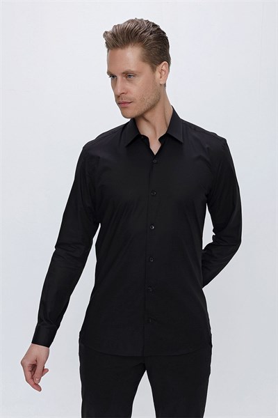 Slim Fit Doku Desenli %100 Pamuk Siyah Gömlek GK 665