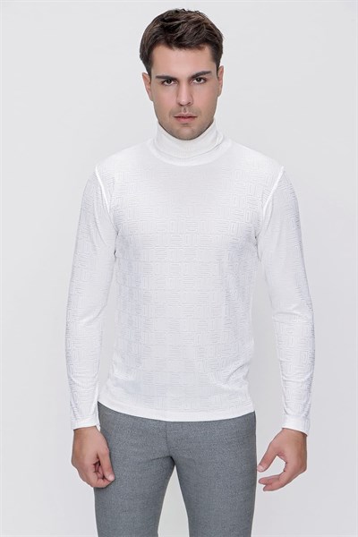 Slim Fit Doku Desenli Balıkçı Yaka Pamuklu Uzun Kollu Ekru Tişört TS 775