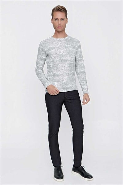 Slim Fit Doku Desenli Bisiklet Yaka Pamuklu Uzun Kollu Gri Tişört Ts 839