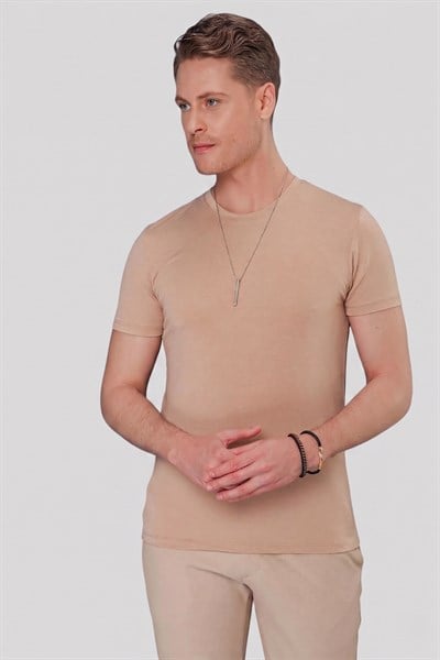 Slim Fit Doku Desenli Bisiklet Yaka Pamuklu Bej Tişört TS 846 