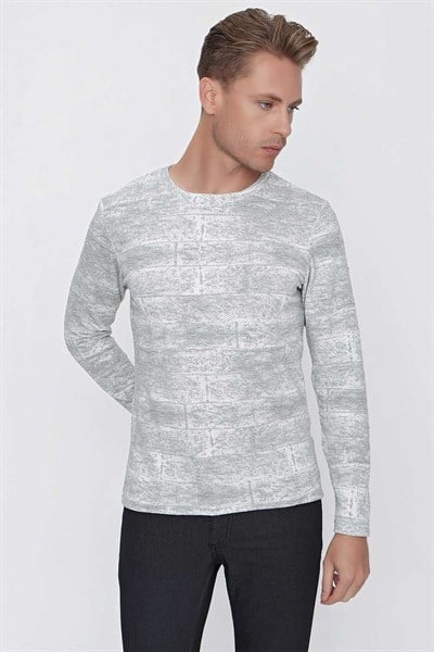 Slim Fit Doku Desenli Bisiklet Yaka Pamuklu Uzun Kollu Gri Tişört Ts 839