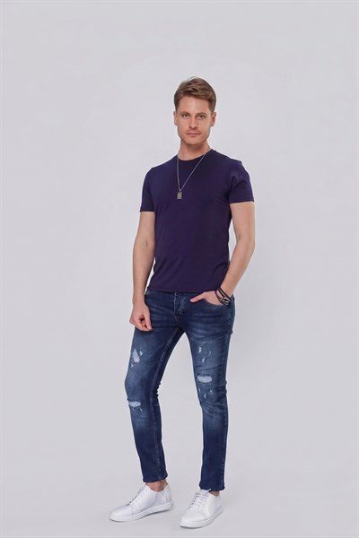 Slim Fit Doku Desenli Bisiklet Yaka Pamuklu Lacivert Tişört TS 846 