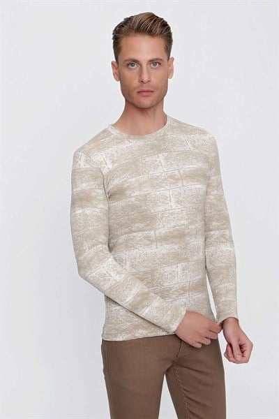 Slim Fit Doku Desenli Bisiklet Yaka Pamuklu Uzun Kollu Bej Tişört Ts 839