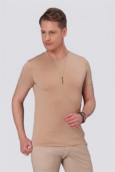 Slim Fit Doku Desenli Bisiklet Yaka Pamuklu Bej Tişört TS 846 
