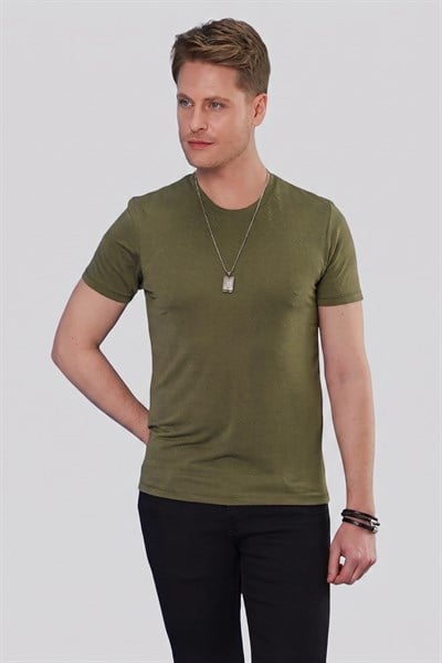 Slim Fit Doku Desenli Bisiklet Yaka Pamuklu Haki Tişört TS 846 