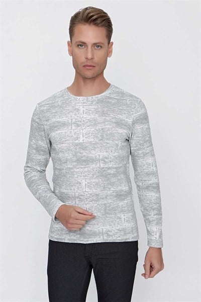 Slim Fit Doku Desenli Bisiklet Yaka Pamuklu Uzun Kollu Gri Tişört Ts 839
