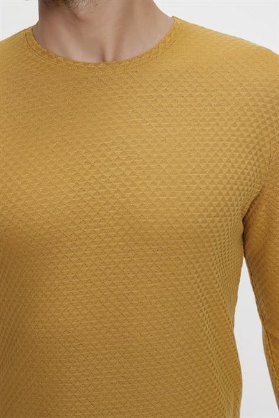 Slim Fit Doku Desenli Bisiklet Yaka Pamuklu Uzun Kollu Hardal Tişört TS 779