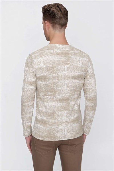 Slim Fit Doku Desenli Bisiklet Yaka Pamuklu Uzun Kollu Bej Tişört Ts 839