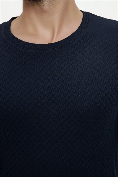Slim Fit Doku Desenli Bisiklet Yaka Pamuklu Uzun Kollu Lacivert Tişört TS 819