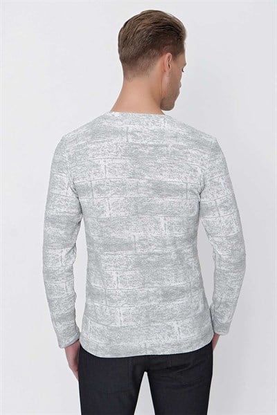 Slim Fit Doku Desenli Bisiklet Yaka Pamuklu Uzun Kollu Gri Tişört Ts 839