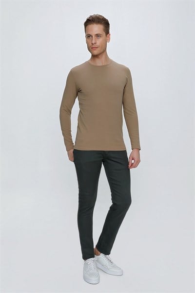 Slim Fit Doku Desenli Bisiklet Yaka Uzun Kollu Vizon Tişört Ts 841