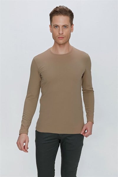Slim Fit Doku Desenli Bisiklet Yaka Uzun Kollu Vizon Tişört Ts 841