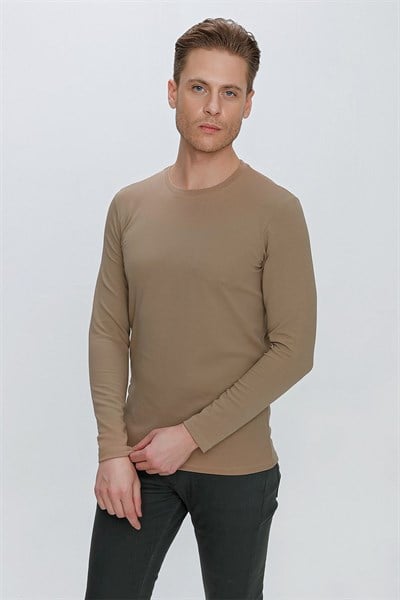 Slim Fit Doku Desenli Bisiklet Yaka Uzun Kollu Vizon Tişört Ts 841