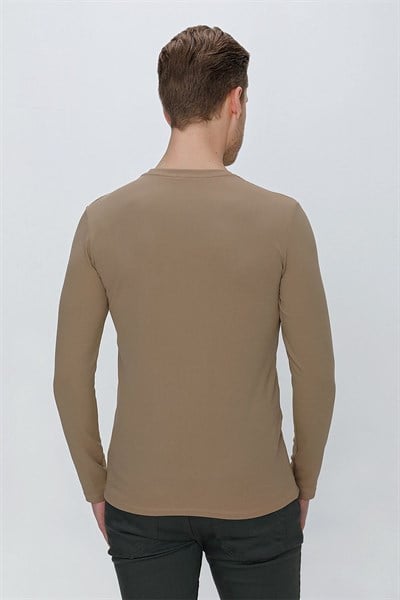 Slim Fit Doku Desenli Bisiklet Yaka Uzun Kollu Vizon Tişört Ts 841
