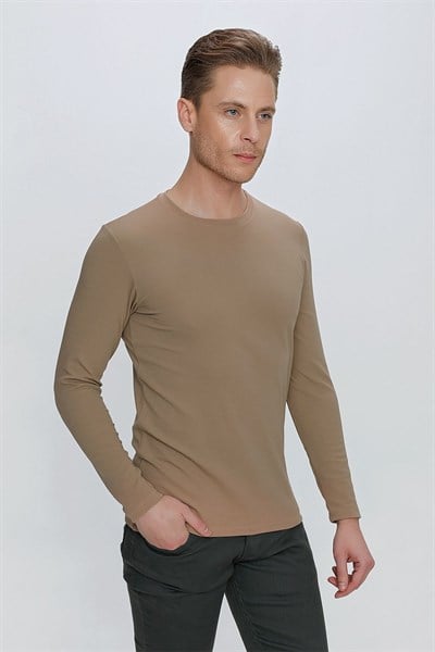 Slim Fit Doku Desenli Bisiklet Yaka Uzun Kollu Vizon Tişört Ts 841