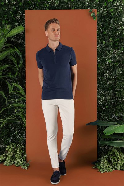 Slim Fit Doku Desenli Esnek Pamuk Krem Pantolon P 1120
