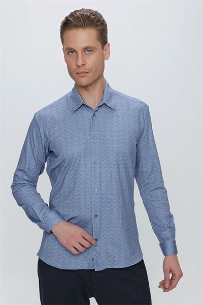 Slim Fit Doku Desenli Esnek Pamuk Mavi Gömlek G 1523