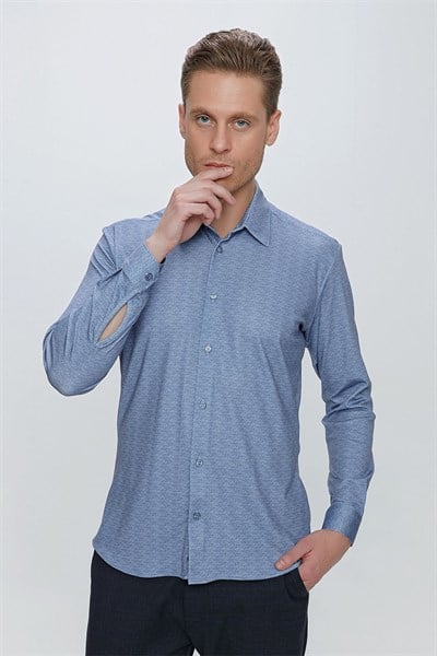 Slim Fit Doku Desenli Esnek Pamuk Mavi Gömlek G 1523