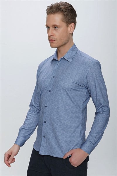 Slim Fit Doku Desenli Esnek Pamuk Mavi Gömlek G 1523