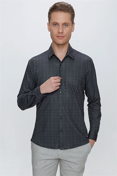 Slim Fit Doku Desenli Esnek Pamuk Siyah Gömlek G 1525