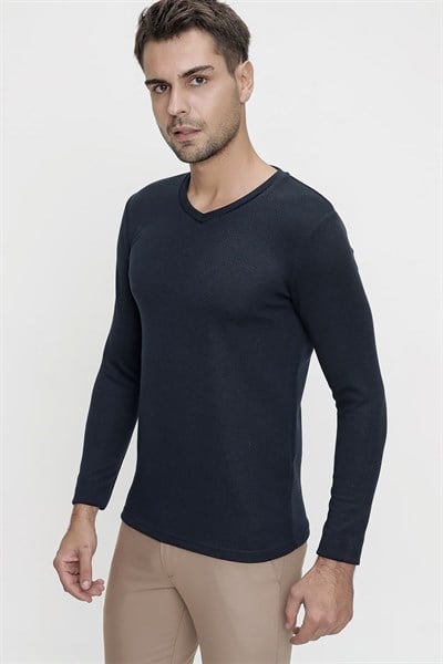 Slim Fit Doku Desenli Pamuklu V Yaka Uzun Kollu Lacivert Tişört TS 815