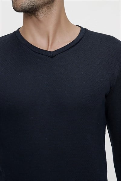 Slim Fit Doku Desenli Pamuklu V Yaka Uzun Kollu Lacivert Tişört TS 815