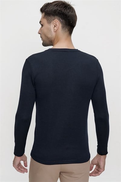 Slim Fit Doku Desenli Pamuklu V Yaka Uzun Kollu Lacivert Tişört TS 815