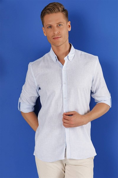 Slim Fit Doku Desenli Yaka Düğmeli %100 Keten Açık Mavi Gömlek G 1555