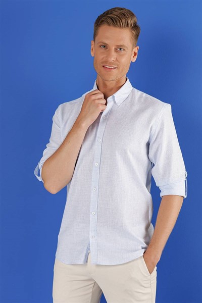 Slim Fit Doku Desenli Yaka Düğmeli %100 Keten Açık Mavi Gömlek G 1555