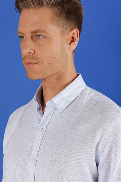 Slim Fit Doku Desenli Yaka Düğmeli %100 Keten Açık Mavi Gömlek G 1555