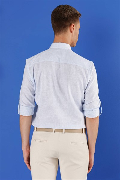 Slim Fit Doku Desenli Yaka Düğmeli %100 Keten Açık Mavi Gömlek G 1555
