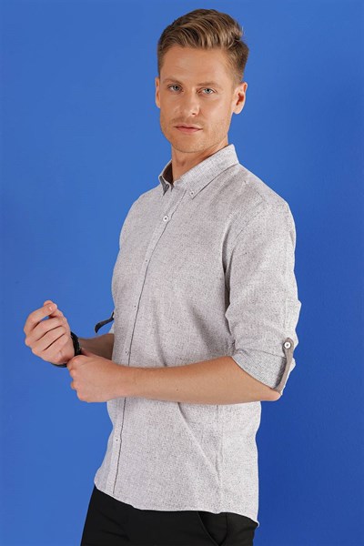 Slim Fit Doku Desenli Yaka Düğmeli %100 Keten Vizon Gömlek G 1555
