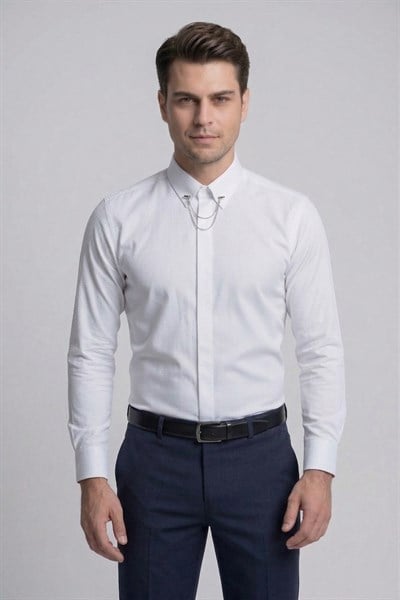 Slim Fit Doku Desenli Yaka Zincirli Beyaz Gömlek GK 629