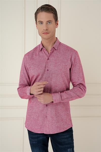 Slim Fit Dokulu %100 Pamuk Bordo Gömlek G 1584