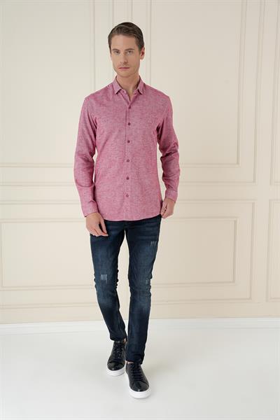 Slim Fit Dokulu %100 Pamuk Bordo Gömlek G 1584