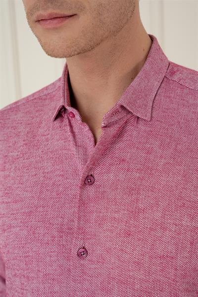 Slim Fit Dokulu %100 Pamuk Bordo Gömlek G 1584